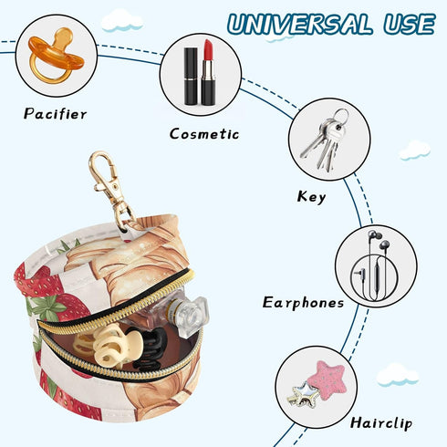 YETTASBIN Strawberry Bread Portable Pacifier Holder Case with Metal Hook Buckle & Zipper for Diaper Bag and Stroller