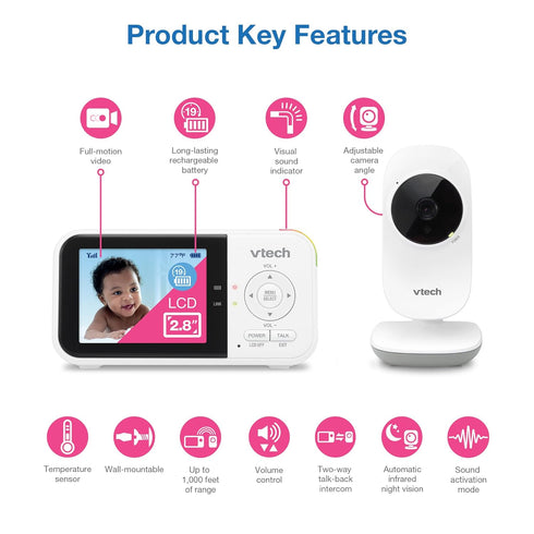 VM819 2.8 2-Way VTech Baby Monitor with Camera and Audio, Screen Portable Baby Camera, Night Vision, Audio, Temperature