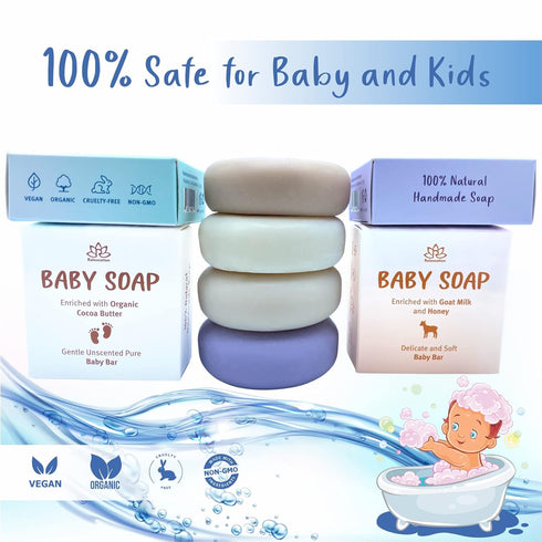 Set 4 of Organic Baby Soap Bars - Lavender-Chamomile, Goat Milk-Honey, Unscented, Greek Yogurt - Coconut Milk - All