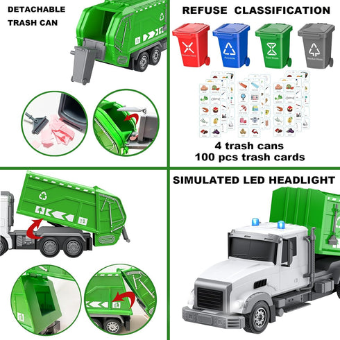2.4Ghz Remote Control Garbage Truck Toys - 1/24 RC Truck with 4 Trash Cans, 6 Channel Remote Control, Gifts for Boys 3+