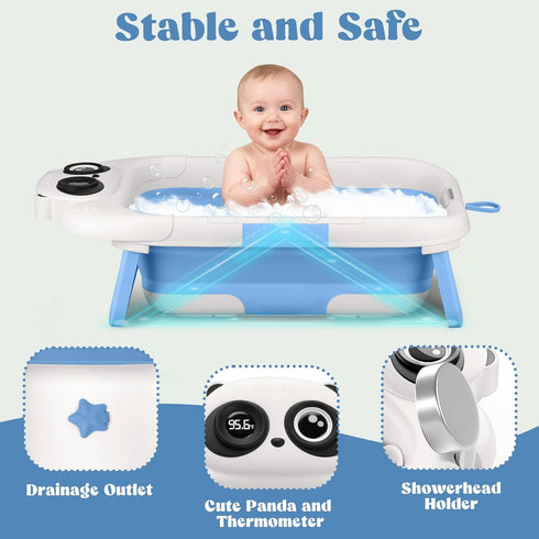 0-24 Foldable Baby Bathtub, Lightweight Bathtub for Infants to Toddlers with Soft Cushion & Thermometer, Portable Baby