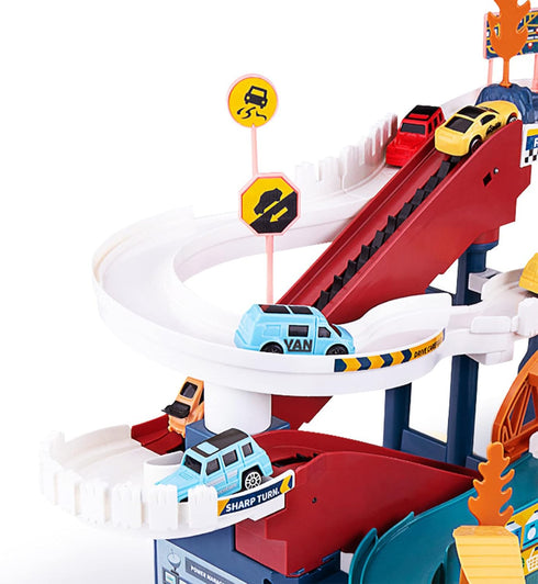 Toy Car Ramp Track Dinosaur Climbing Hills Play Set with 12 Mini Racer Cars and Track for Preschool Kids Ages 3+