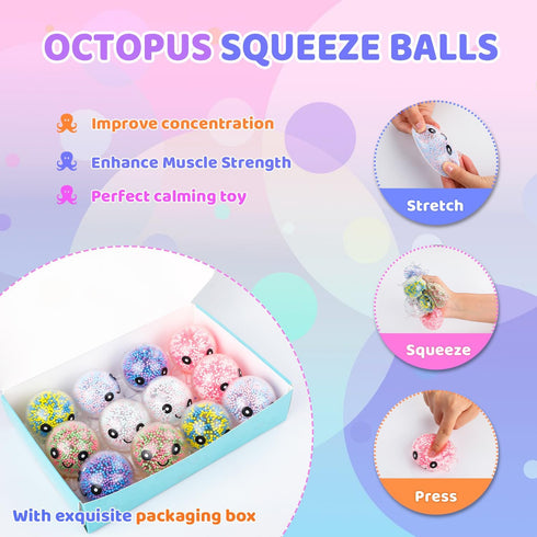 VESPRO 12 Pack Set Fidget Stress Balls for Adults, Cute Octopus Stress Relief Stress Ball, Bulk Squishy Squeeze Ball