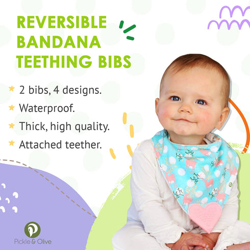Reversible Baby Teething Bibs with Attached Pink Heart Teether - Boho Antler - Set of 2