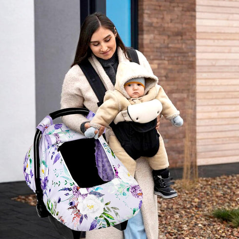 Car Seat Cover Baby Girl, Warm Winter Carseat Cover for Baby, Purple Floral Infant Car Seat Canopy with Peep Window