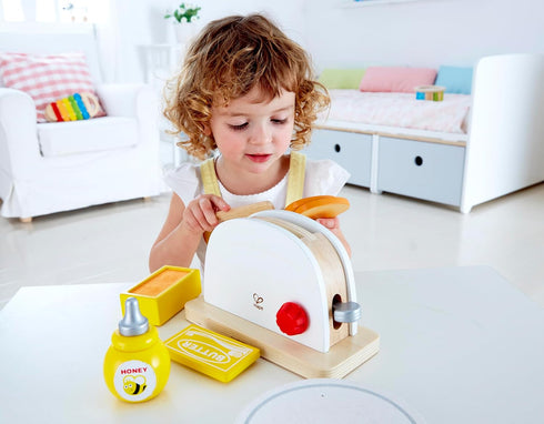 Set Hape White Wooden Pop-Up Toaster Pretend Play Breakfast Accessories for Preschoolers