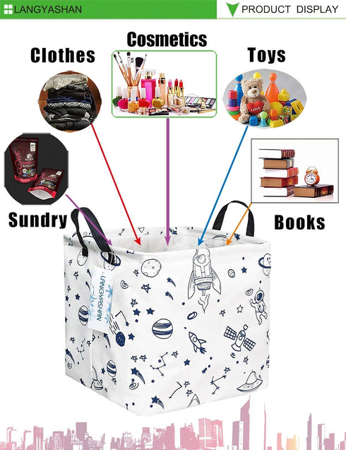 LANGYASHAN Square Storage Baskets, Waterproof Canvas Children Laundry Nursery Hamper for Shelves, Toy Organizer