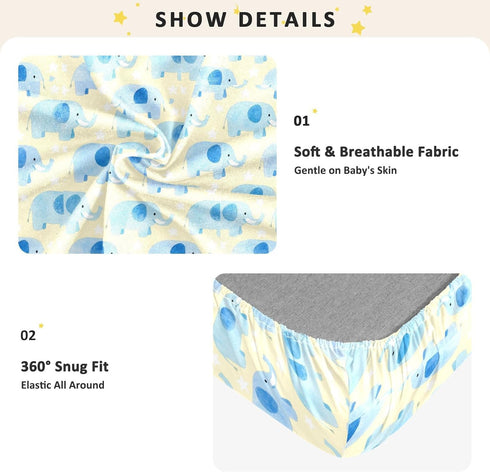 miaozhen 1 Pack 52x28 Cotton Crib Sheets for Baby Boys Girls Soft Comfy Cute Animal Blue Elephants Crib Mattress Sheet