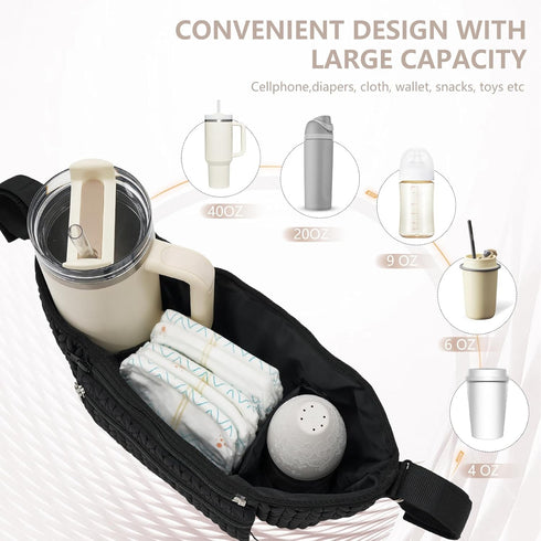 Stroller Organizer - Stylish Quilting Nylon, Universal Fit, Detachable Bag, Adjustable Multi-Storage for Baby Stroller