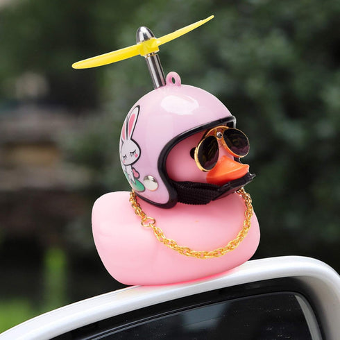 wonuu Pink Duck Car Dashboard Decorations Rubber Duck Car Ornaments with Propeller Helmet Sunglasses Gold Chain