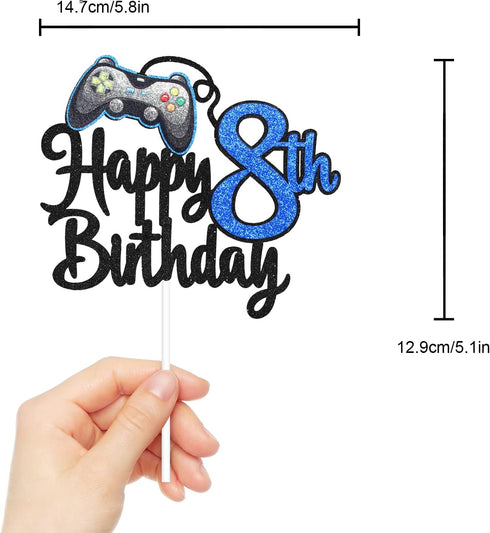 Video Game Happy 8th Birthday Cake Topper - Blue Cake Supplies for Video Game Boy's 8th Birthday Party - Game On Level