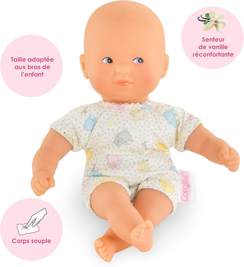 Corolle Mini Calin Bunnies Baby Doll - 8" Soft Body with Blue Eyes, Bunny Pattern Outfit, Vanilla-Scented