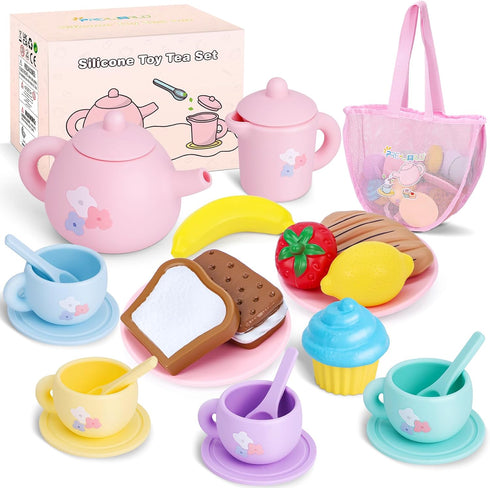 Silicone Tea Party Set for Little Girls,PRE-WORLD 27PCS Toys Toddler Tea Set