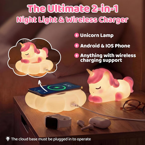 3-Level Dimmable 30-Min Mewaii Cloud Unicorn Night Light for Kids, Portable Lamp with Wireless Charging Cloud Base