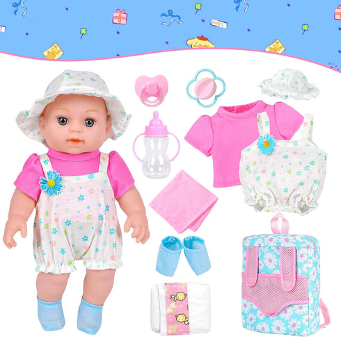 12" Backpack Playset,12 Inch Set 3+ Girls Baby Doll Daisy Theme Carrier Reborn Baby Dolls With Accessories And Clothes