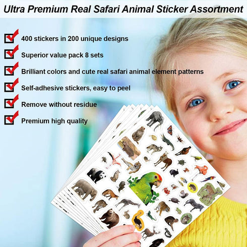 Animal Stickers Jungle Theme, 8 Sheets Wild Safari Decals for Kids Scrapbooking, 400 Pcs Party Favors