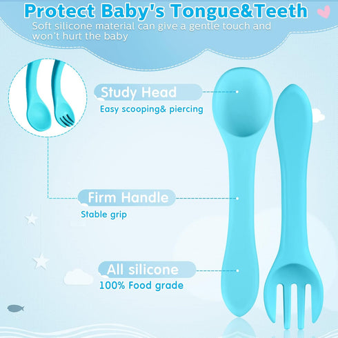 Nuenen 6 Pieces Silicone Baby Feeding Forks and Spoons Set - Hot Safety First Stage Self Feeding Supplies Mini Kids