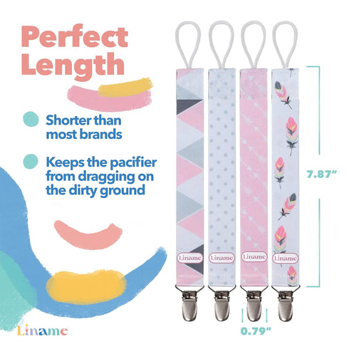 Liname Neutral Pacifier Clip with Teething Toy - 4 Pack Unisex Pacifier Clips for Boys & Girls (Pink)