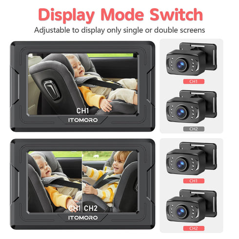 1080P 2 4.3'' Itomoro Baby Car Camera HD Dual-Channel Display Car Baby Camera with IR Night Vision Camera, Easily
