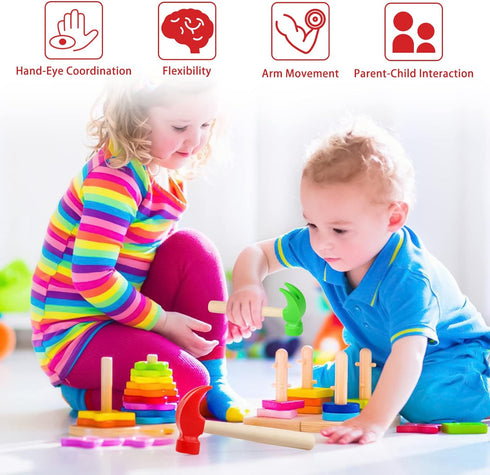 Fowecelt 3 Pack Educational Wooden Hammer Toys, Simulation Hammers for Kids Birthday Party Games Supplies