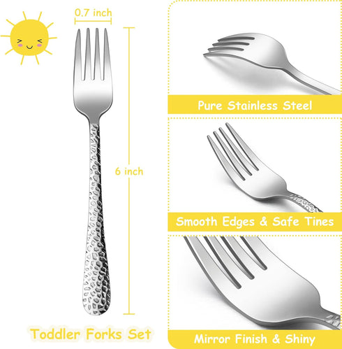 TeamFar Toddler Forks, Stainless Steel Toddler Utensil Silverware Baby Forks for Self Feeding at Home & Preschool, Healthy & Non Toxic, Mirror Polished & Hammered Handle, Dishwasher Safe, Set of 6 by TeamFar