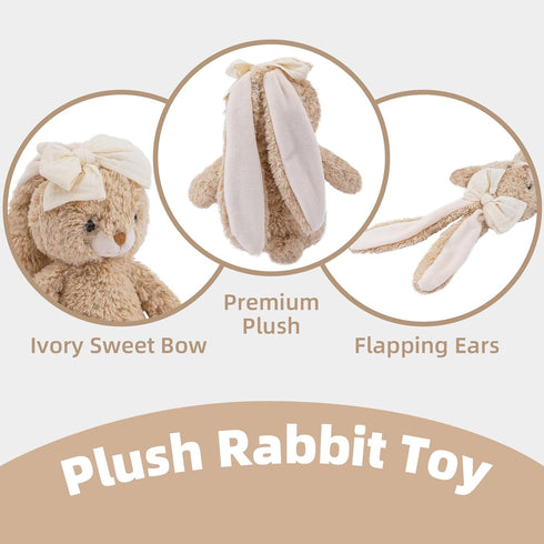 8'' Bunny Stuffed Animal Soft Rabbit Cuddly Toy Long - Eared Brown Plush Bunny with Cream Bow Plush Toys for Babies