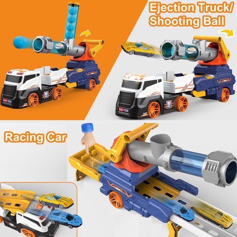 Dwi Dowellin Truck Toys for Kids, 28" Large Car Toys Include 4 Racing Cars + 6 Balls, Light & Sounds, Ejection &