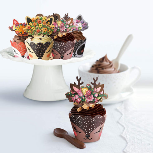 60 Woodland Cupcake Wrappers & Toppers, Deer Cupcake Liners for Wild One Birthday Party Decorations