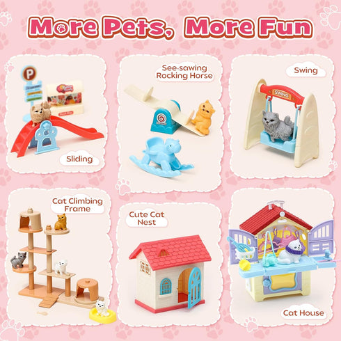 Golray 66Pcs Cat Toys for Kids, 3 In 1 Pet Pretend Play Toys with Cat Figurines, DIY Cat Tree & Playground