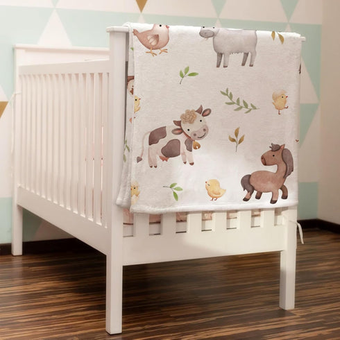 Watercolor Farm Baby Blanket for Boy Girl, Farm Animals Pig Goat Horse Cow Chick Rooster Duck Leaves, 30x40