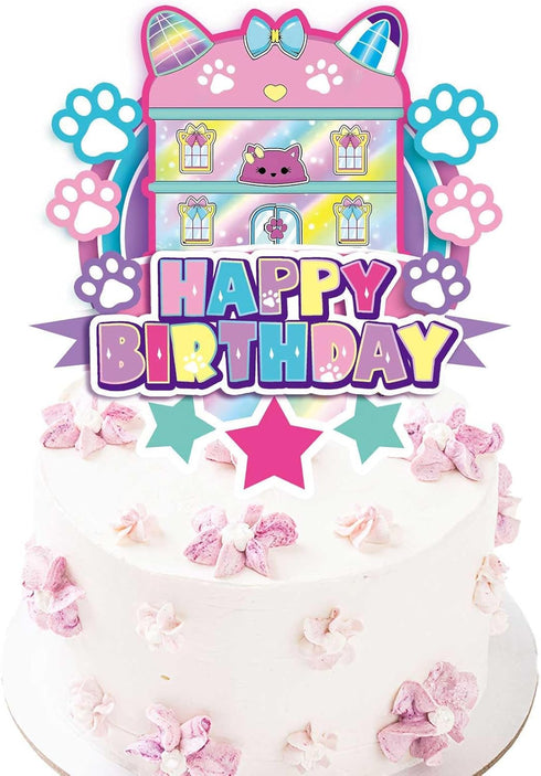 Terasilian Cartoon Cat Dollhouse Cake Toppers for Girls Party Supplies Dollhouse Theme Birthday Cake Topper Pink Cat
