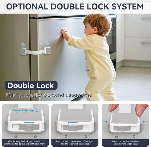 PAULTEMP 2 Pack Child Safety Cabinet Locks for Baby Proofing, Length Adjustable Latch Straps Dual Button Design