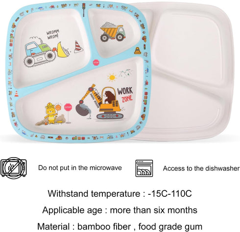 5Pcs Kids Tableware Set, Cartoon Bamboo Dinnerware with Baby Plates, Bowls, Forks & Spoons for Kids (Blue)