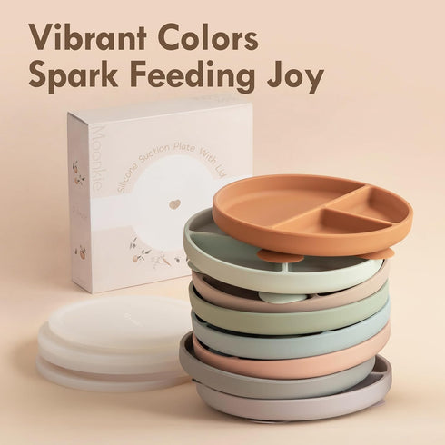 100% 3 Pack Moonkie Suction Plates for Baby | Silicone BPA-Free Baby Plates with Lids and Food Cover | Divided Design |