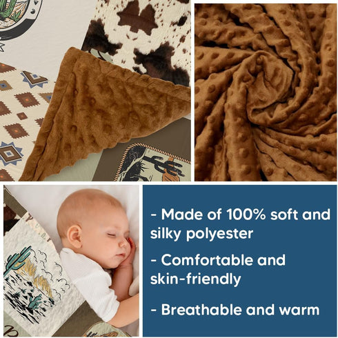 Western Baby Blanket, Cowboy Minky Blankets for Boys Girls, Nursery Room Decor, Soft Warm Lightweight Nursery Bed