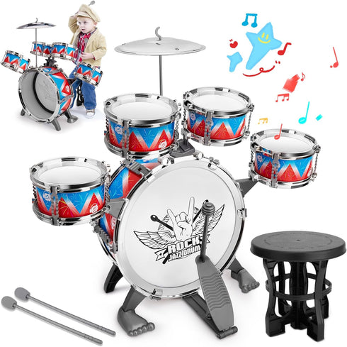 Toddler Drum Set Kids Jazz Kit with Stool, Musical Instruments Toys for Boys Girls Aged 3 4 5 Year Old