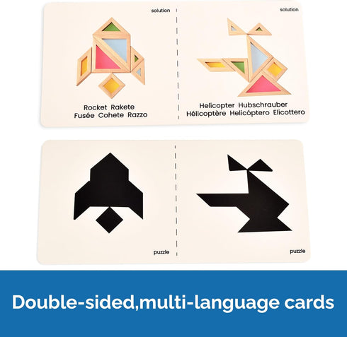 BOHS Translucent Tangram with Multilingual Activity Cards - 1 Inch Thickness, Preschool Gift, Window Puzzle Toys