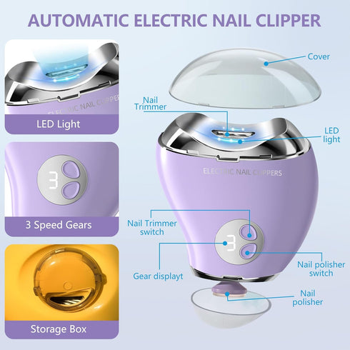 Jjkygmw Trimmer Polisher3 Electric Nail with LED Light, Safe and Easy to Use, Fingernail Cutter with Speeds Adjustable