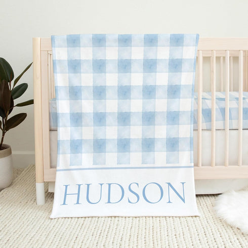 UnoCo Personalized Baby Boy Blanket, Blue Baby Blanket Boy, Blue Gingham Baby Blanket,