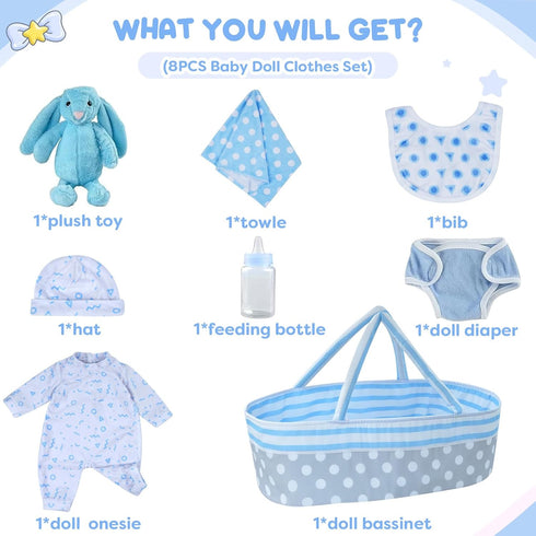 JIZHI 8 Pcs Reborn Baby Doll Accessories with Bassinet for 17-22 Inch Dolls, Realistic Clothes Set
