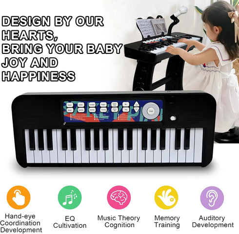 Love&Mini Piano Toy for Kids - 37 Keys Kids Piano Keyboard with Stool and Microphone, Black