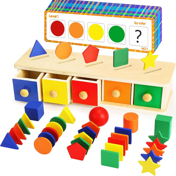 Montessori Wooden Color & Shape Sorter Toys - Matching Box Sorting Blocks for Toddlers 1-4, Educational Learning