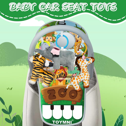 Car Seat Toys for Baby 6 to 12 Months, Musical Pedal Piano, Baby Travel Toys with Mirror and Squeaky Animal Toys