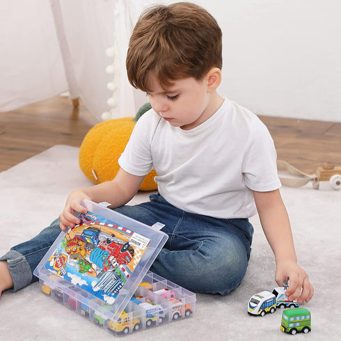 18 Pack Assorted Pull Back Car Toys with Storage Organizer Box, Mini Vehicle Set for Child Toddler Birthday Gift