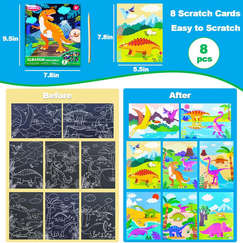 JUNQIU Scratch Art Paper Set for Kids, Dinosaurs Black Rainbow DIY Activity & Party Games, Gifts for Ages 3-8