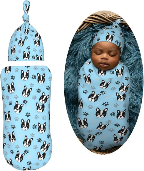 Set Cute Boston Terrier Puppy Newborn Swaddle Blanket with Beanie Soft Baby Sleep Sack Stretch Adjustable Swaddle Wraps