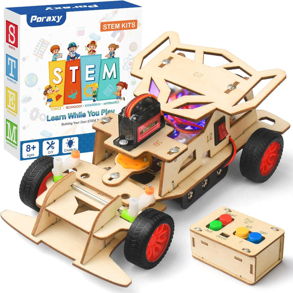 Poraxy STEM Kits for Kids age 8-12, Building Remote Control Car, Wooden Model Kits, Educational Crafts
