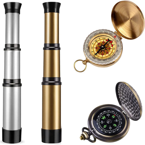 Aubric Kids Pirate Telescope & Compass Toy Kits 4pcs Pack Plastic Collapsible Handheld