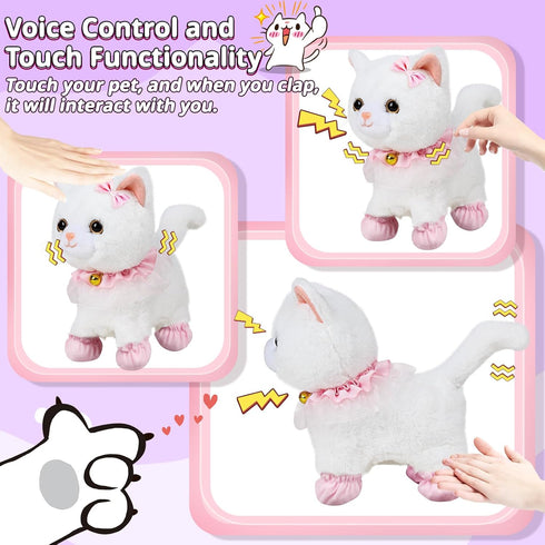 Jimate Interactive Electronic Plush Toy Walking and Barking Robot Cat Plush Cat Remote Control Kitten for Girls (White