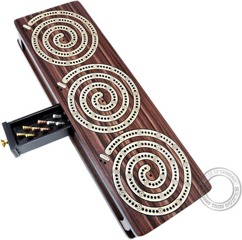 Spiral Design Continuous Cribbage Board/Box - 3 Track in Rosewood/Maple Wood with Storage for Cards & Pegs